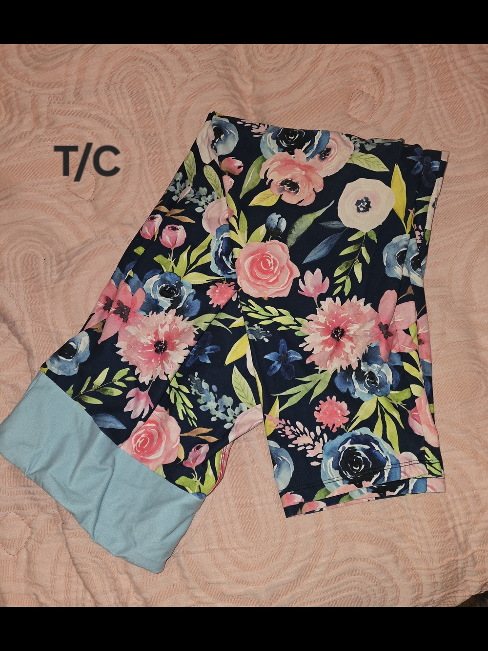 Floral Navy & Pink Leggings with Light Blue Waistband